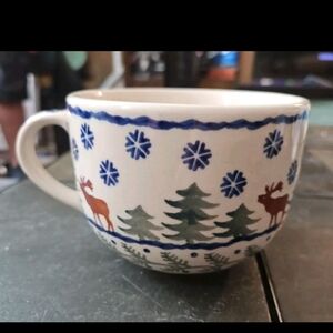 BOLESLAWIEC Polish Pottery Large Mug Winter Deer Stag Moose Christmas